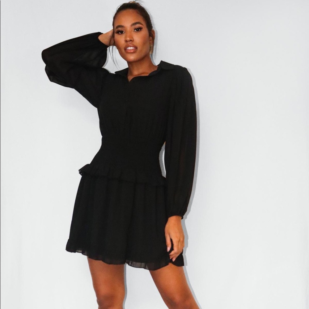 MISSGUIDED BLACK SHIRRED WAIST SHIRT DRESS NWT 8